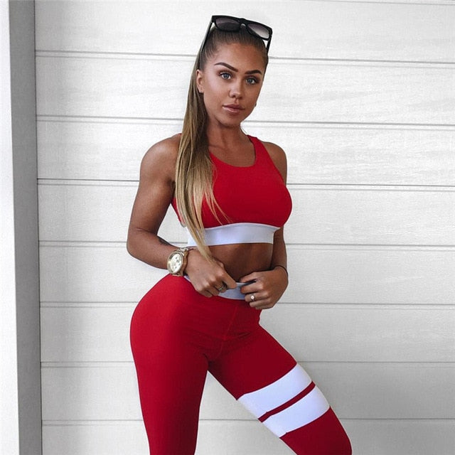 Red/Black Striped Bra & Leggings Set - NeamFit